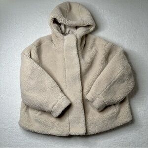 Zara Fleece Sherpa Hooded Coat Jacket Warm Cozy Cropped Pockets Cream Tan Large